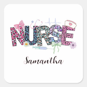 Schattigee Nurse Leapard Skin Roze Groen Paarse Vierkante Sticker