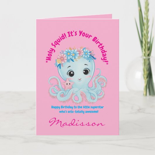 Schattigee Oceaan Bloemen Octopus Girly Kids Verja Kaart (Voorkant)