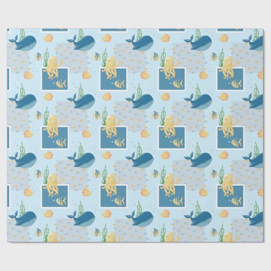 Schattigee Oceaandieren Blauwe Baby onder water Cadeaupapier (Vlak)