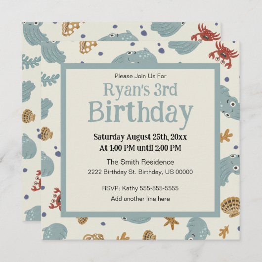 Schattigee Ocean Animals Baby / Peuter Custom Birt Kaart (Voorkant / Achterkant)