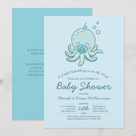 Schattigee Octopus Baby shower Kawaii Blue Boy Kaart (Voorkant / Achterkant)