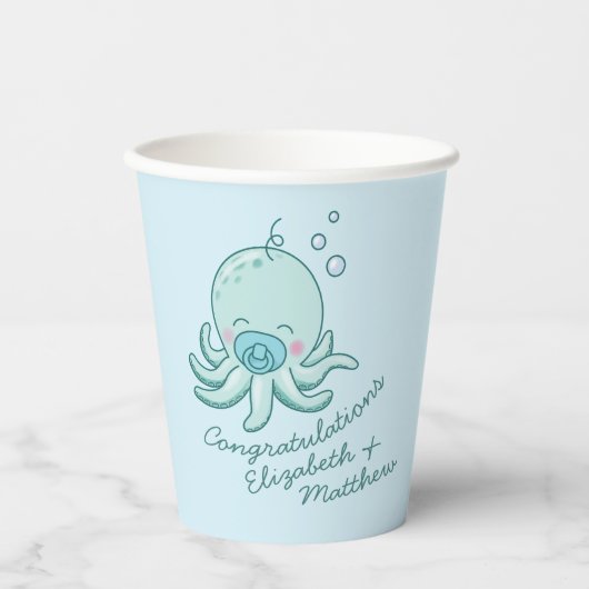 Schattigee Octopus Baby shower Kawaii Blue Boy Papieren Bekers (Voorkant)