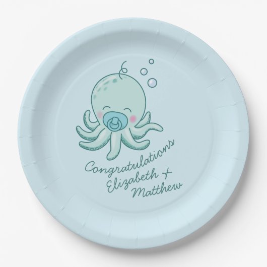 Schattigee Octopus Baby shower Kawaii Blue Boy Papieren Bordje (Voorkant)