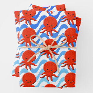 Schattigee Octopus Cartoon Blauwe Golven Inpakpapier Vel