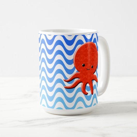 Schattigee Octopus Cartoon Blauwe Golven Koffiemok (Voorkant rechts)