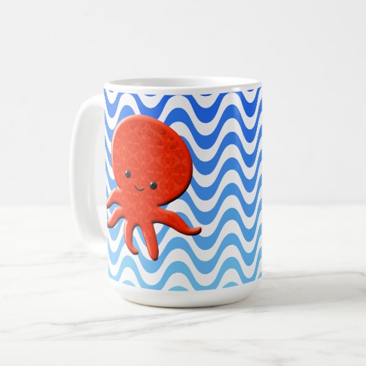 Schattigee Octopus Cartoon Blauwe Golven Koffiemok (Voorkant links)