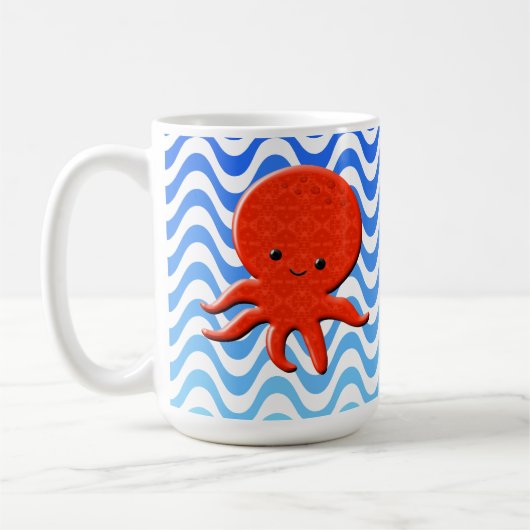 Schattigee Octopus Cartoon Blauwe Golven Koffiemok (Links)