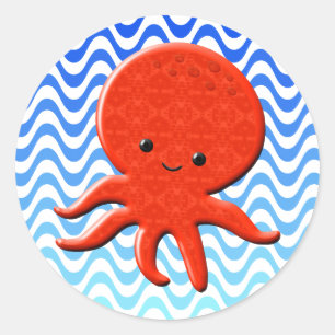 Schattigee Octopus Cartoon Blauwe Golven Ronde Sticker