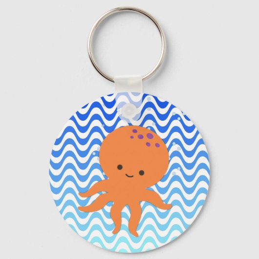 Schattigee Octopus Cartoon Blauwe Golven Sleutelhanger (Voorkant)