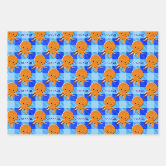 Schattigee Octopus Cartoon Blue Plaid Custom Name Inpakpapier Vel (Voorkant 3)