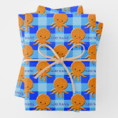 Schattigee Octopus Cartoon Blue Plaid Custom Name Inpakpapier Vel (In situ)