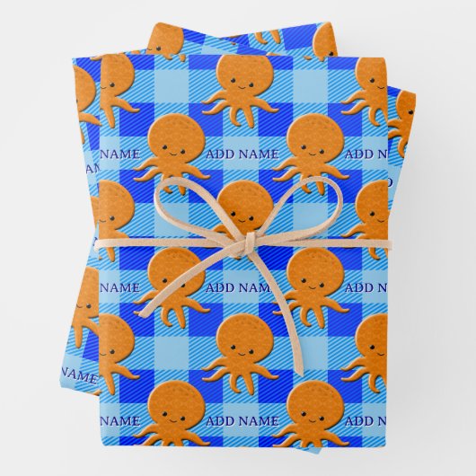 Schattigee Octopus Cartoon Blue Plaid Custom Name Inpakpapier Vel (In situ)