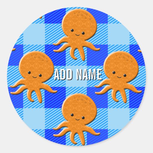 Schattigee Octopus Cartoon Blue Plaid Custom Name Ronde Sticker (Voorkant)