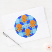 Schattigee Octopus Cartoon Blue Plaid Custom Name Ronde Sticker (Envelop)