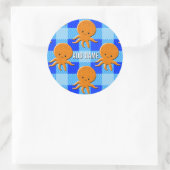Schattigee Octopus Cartoon Blue Plaid Custom Name Ronde Sticker (Tas)