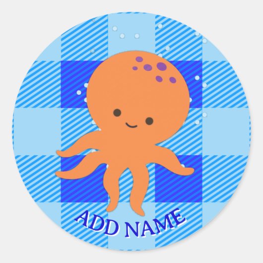 Schattigee Octopus Cartoon Blue Plaid Custom Name Ronde Sticker (Voorkant)