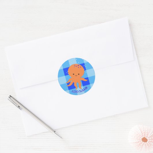 Schattigee Octopus Cartoon Blue Plaid Custom Name Ronde Sticker (Envelop)