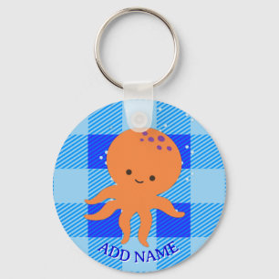 Schattigee Octopus Cartoon Blue Plaid Custom Name Sleutelhanger
