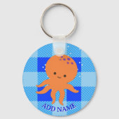 Schattigee Octopus Cartoon Blue Plaid Custom Name Sleutelhanger (Achterkant)