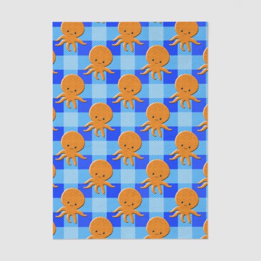 Schattigee Octopus Cartoon Blue Plaid Custom Name Tissuepapier (Voorkant)
