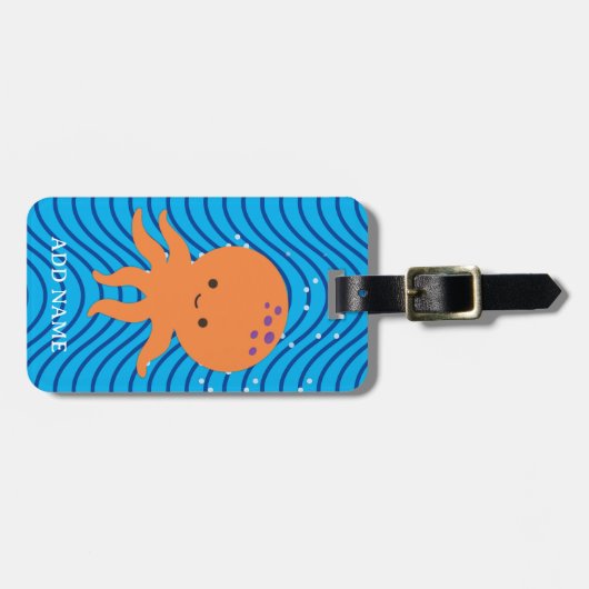 Schattigee Octopus Cartoon Blue Waves Pattern Bagagelabel (Voorkant horizontaal)