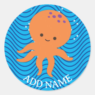 Schattigee Octopus Cartoon Blue Waves Pattern Ronde Sticker