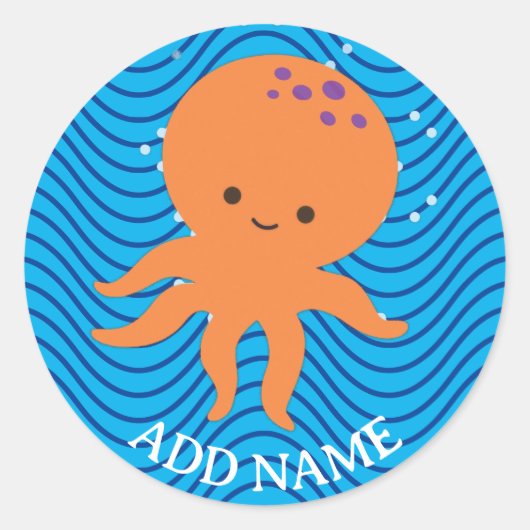 Schattigee Octopus Cartoon Blue Waves Pattern Ronde Sticker (Voorkant)
