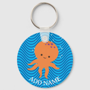 Schattigee Octopus Cartoon Blue Waves Pattern Sleutelhanger