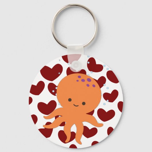 Schattigee octopus Cartoon rood hartpatroon Sleutelhanger (Voorkant)