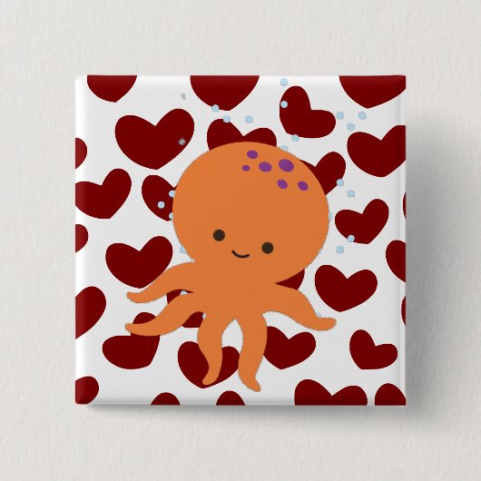 Schattigee octopus Cartoon rood hartpatroon Vierkante Button 5,1 Cm (Voorkant)