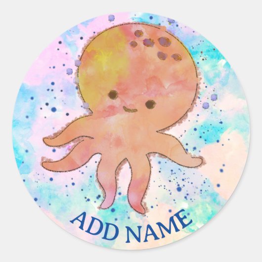 Schattigee Octopus Cartoon Waterverf Aangepaste na Ronde Sticker (Voorkant)