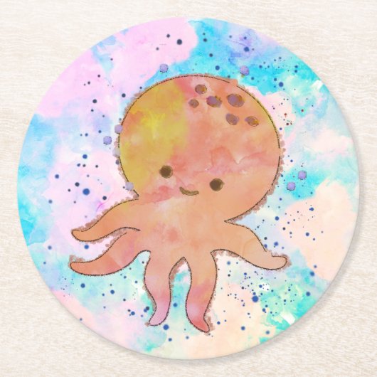 Schattigee octopus Cartoon Waterverf Ronde Kartonnen Onderzetter (Voorkant)