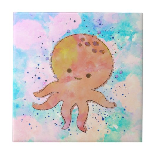 Schattigee octopus Cartoon Waterverf Tegeltje (Voorkant)