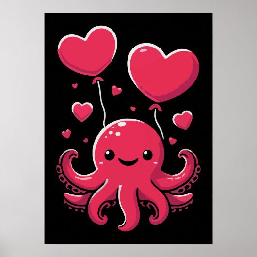 Schattigee octopus met hartballonnen, Valentijnsda Poster (Voorkant)