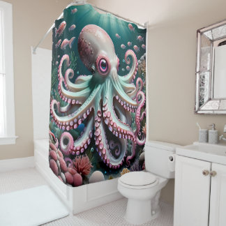 Schattigee octopus onder het zee roze en blauw douchegordijn