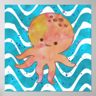 Schattigee Octopus Waterverf Cartoon Poster