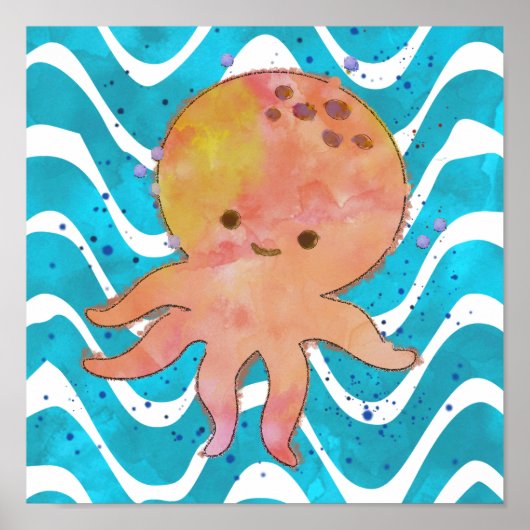Schattigee Octopus Waterverf Cartoon Poster (Voorkant)