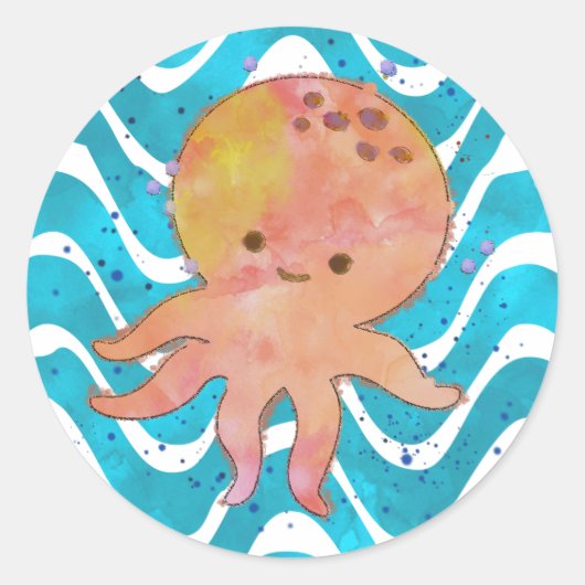 Schattigee Octopus Waterverf Cartoon Ronde Sticker (Voorkant)