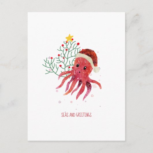 Schattigee Octopus Zeeen en Groeten Kerstboom Feestdagenkaart (Voorkant)