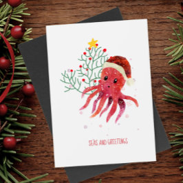 Schattigee Octopus Zeeen en Groeten Kerstboom Feestdagenkaart