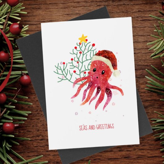 Schattigee Octopus Zeeen en Groeten Kerstboom Feestdagenkaart