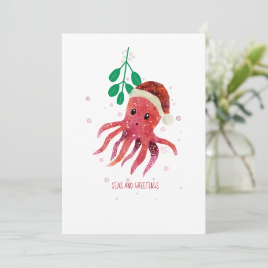 Schattigee Octopus Zeeen en Groeten Mistletoe Feestdagenkaart (Staand voorkant)