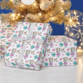 Schattigee Oink Blue Bloemenmeisje Waterverf Cadeaupapier