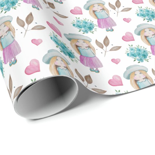 Schattigee Oink Blue Bloemenmeisje Waterverf Cadeaupapier (Rol Hoek)