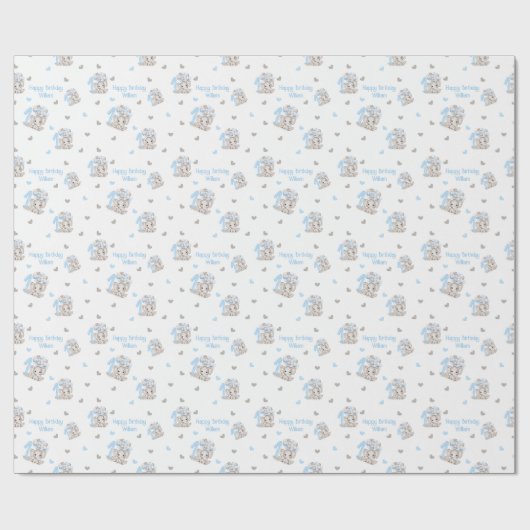 Schattigee Olifant 1e Verjaardag Blauw Gepersonali Cadeaupapier (Vlak)