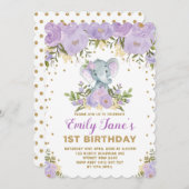 Schattigee Olifant 1e Verjaardag Paarse Goudbloeme Kaart (Voorkant / Achterkant)