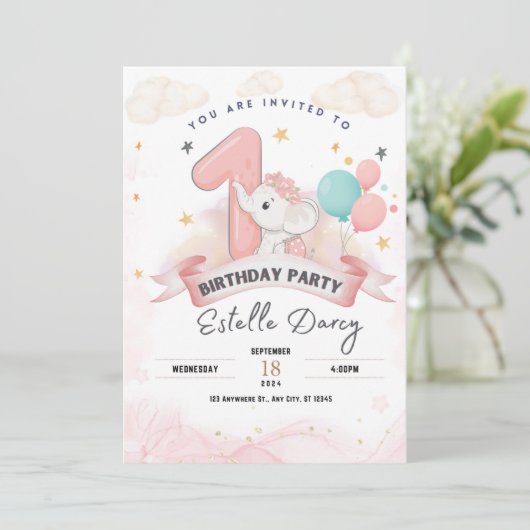 Schattigee olifant 1e verjaardagsfeestuitnodiging kaart (Staand voorkant)
