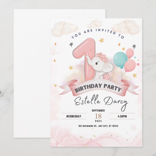 Schattigee olifant 1e verjaardagsfeestuitnodiging kaart (Voorkant / Achterkant)