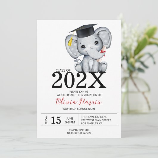 Schattigee olifant Afstuderen uitnodiging (Staand voorkant)