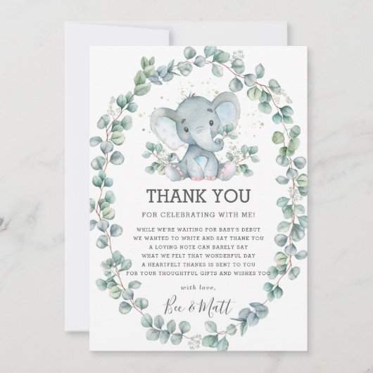 Schattigee olifant Baby shower groen eucalyptus jo Bedankkaart (Voorkant)
